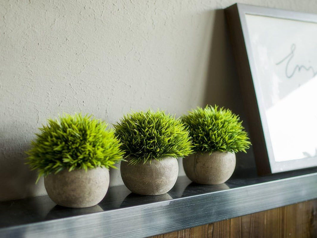 Mini Artificial Plants Plastic Fake Green Grass Topiary Shrubs with Gray Pot for Home Décor – Set of 3