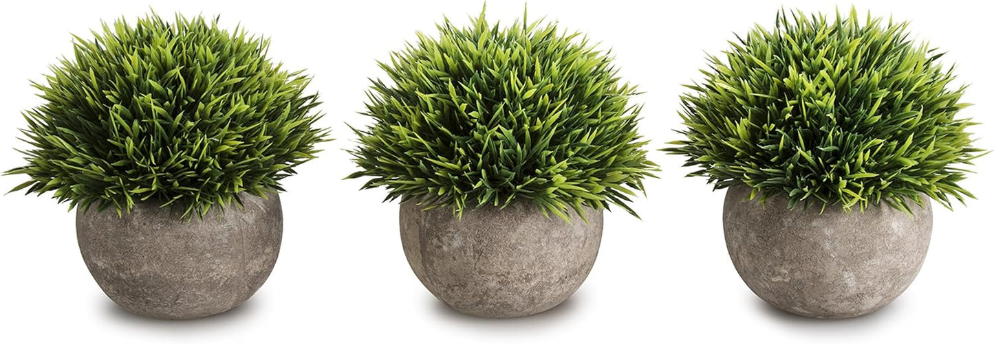 Mini Artificial Plants Plastic Fake Green Grass Topiary Shrubs with Gray Pot for Home Décor – Set of 3