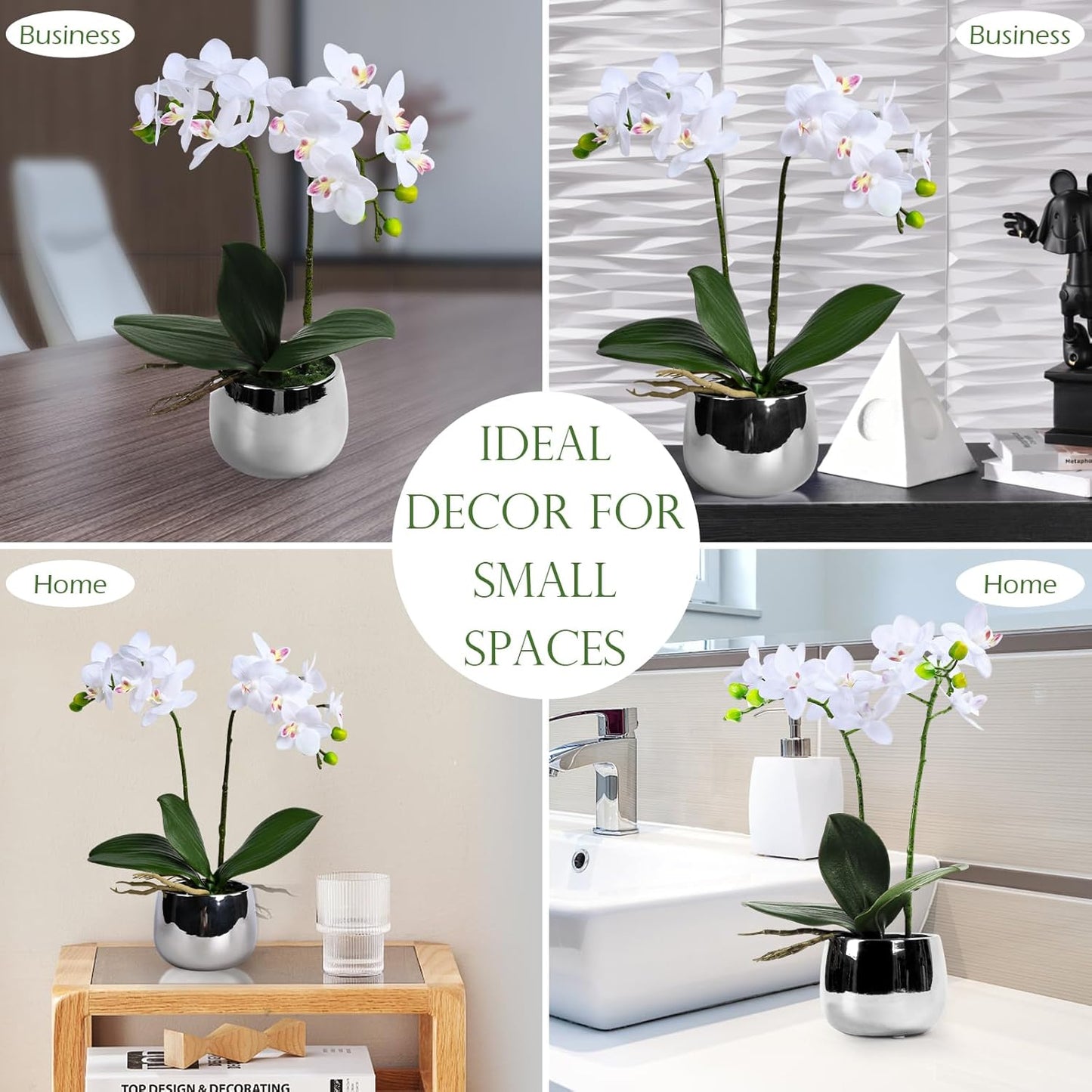 Artificial Orchids in Pot, Real Touch, Artfully Crafted Phaleanopsis Bonsai, Faux Orchid, Fake Orchid Flowers White with a Silver Ceramic Vase, Perfect for Home, Office,Hotel Decor