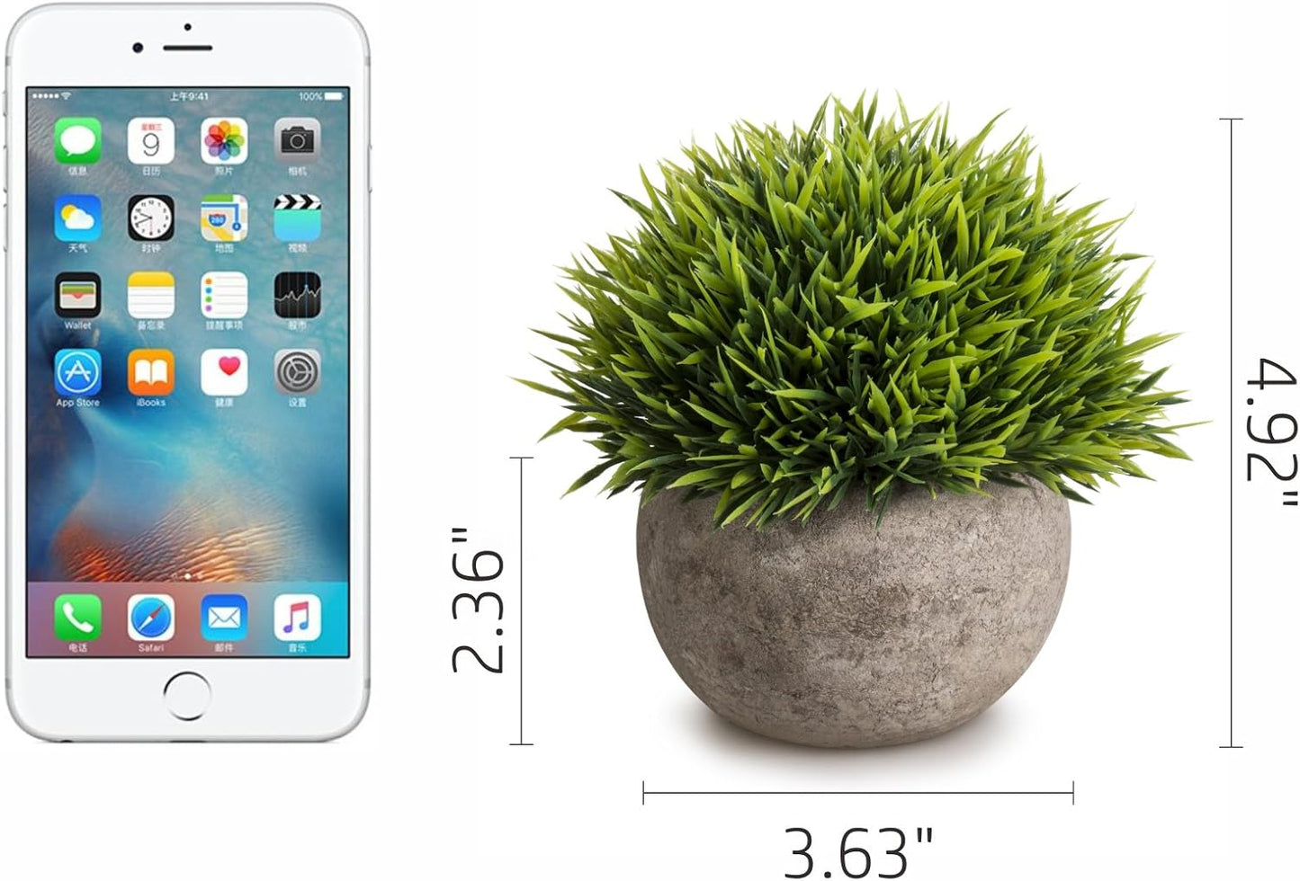 Mini Artificial Plants Plastic Fake Green Grass Topiary Shrubs with Gray Pot for Home Décor – Set of 3