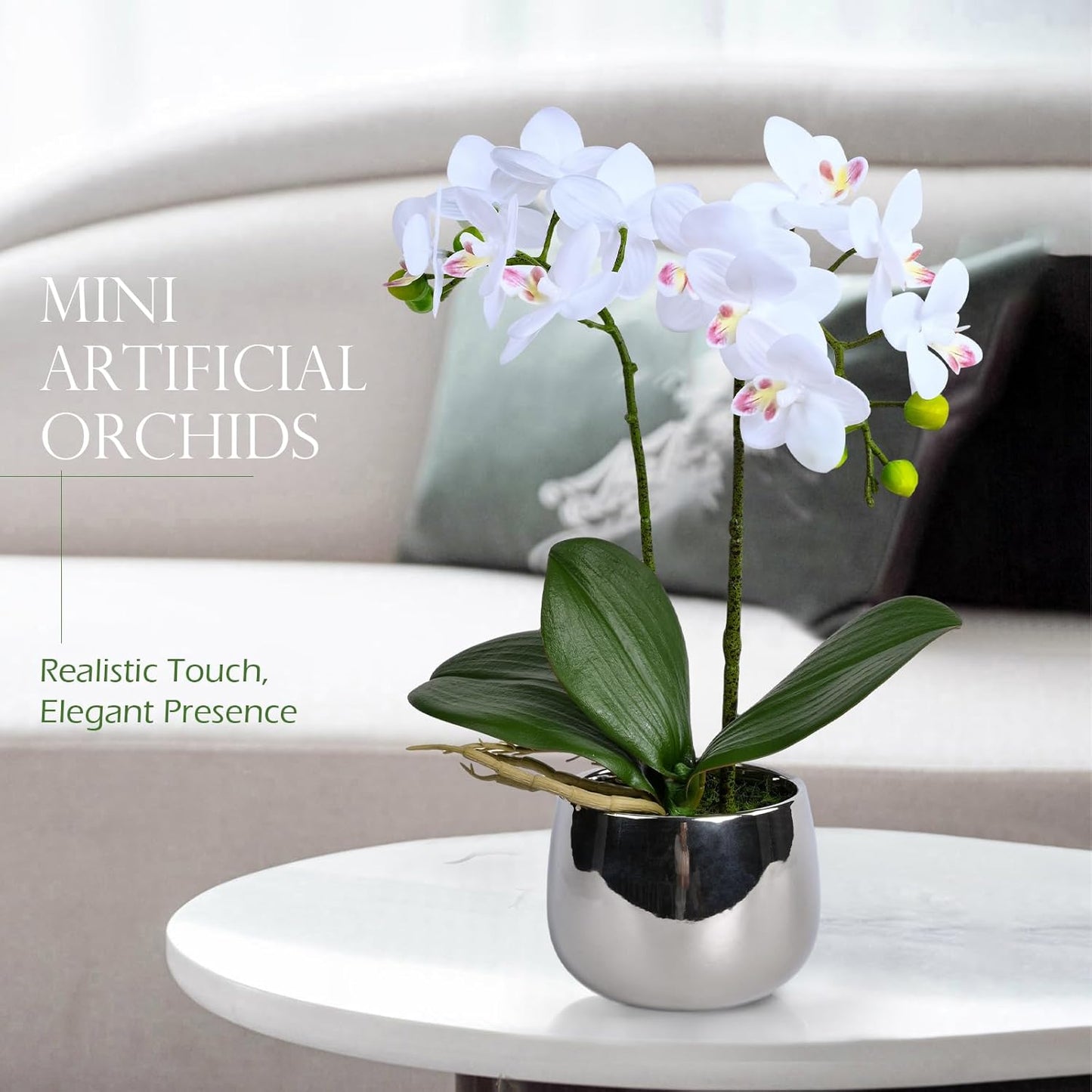 Artificial Orchids in Pot, Real Touch, Artfully Crafted Phaleanopsis Bonsai, Faux Orchid, Fake Orchid Flowers White with a Silver Ceramic Vase, Perfect for Home, Office,Hotel Decor