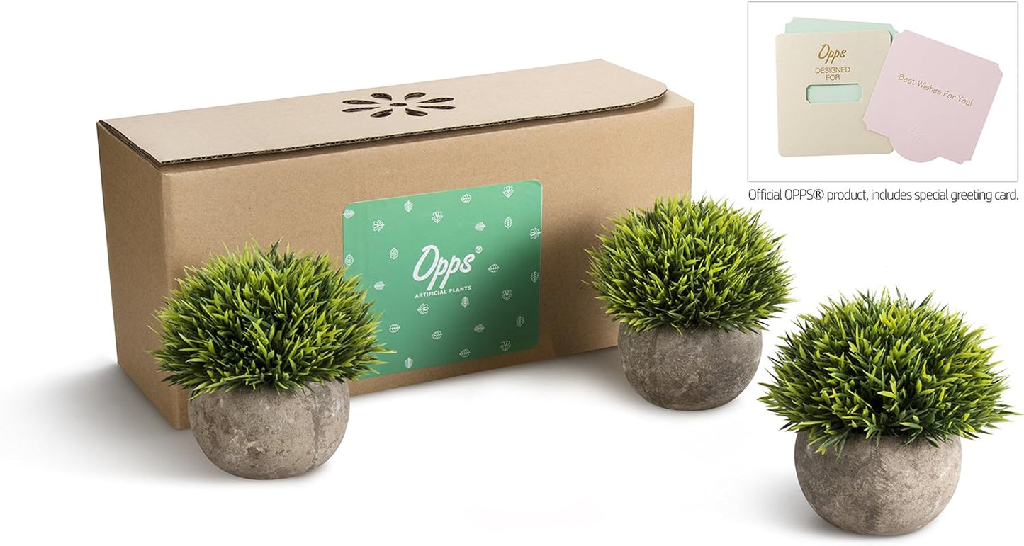 Mini Artificial Plants Plastic Fake Green Grass Topiary Shrubs with Gray Pot for Home Décor – Set of 3