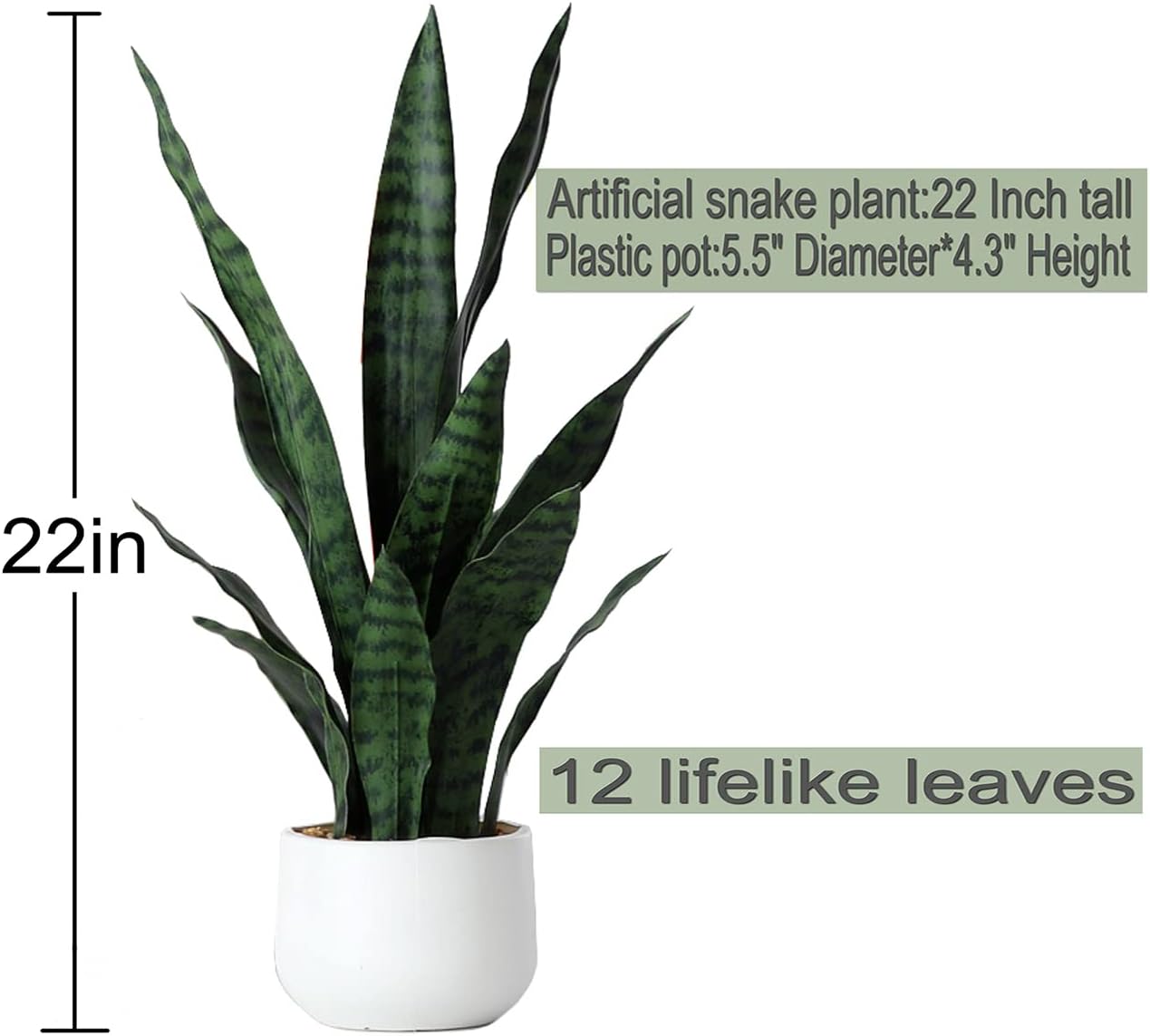 Artificial Snake Plant 22 Inch Fake Sansevieria Fake Agave Potted Plants Plastic Greenery for Home Garden Office Store Decoration 12 Leaves (Green)