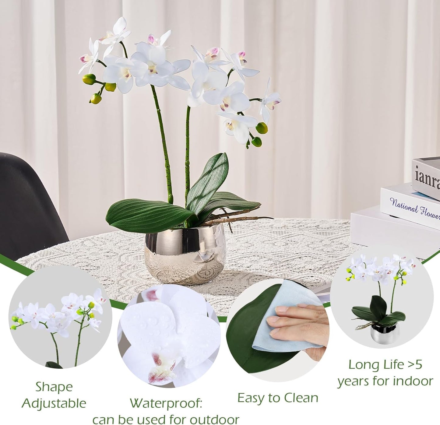 Artificial Orchids in Pot, Real Touch, Artfully Crafted Phaleanopsis Bonsai, Faux Orchid, Fake Orchid Flowers White with a Silver Ceramic Vase, Perfect for Home, Office,Hotel Decor