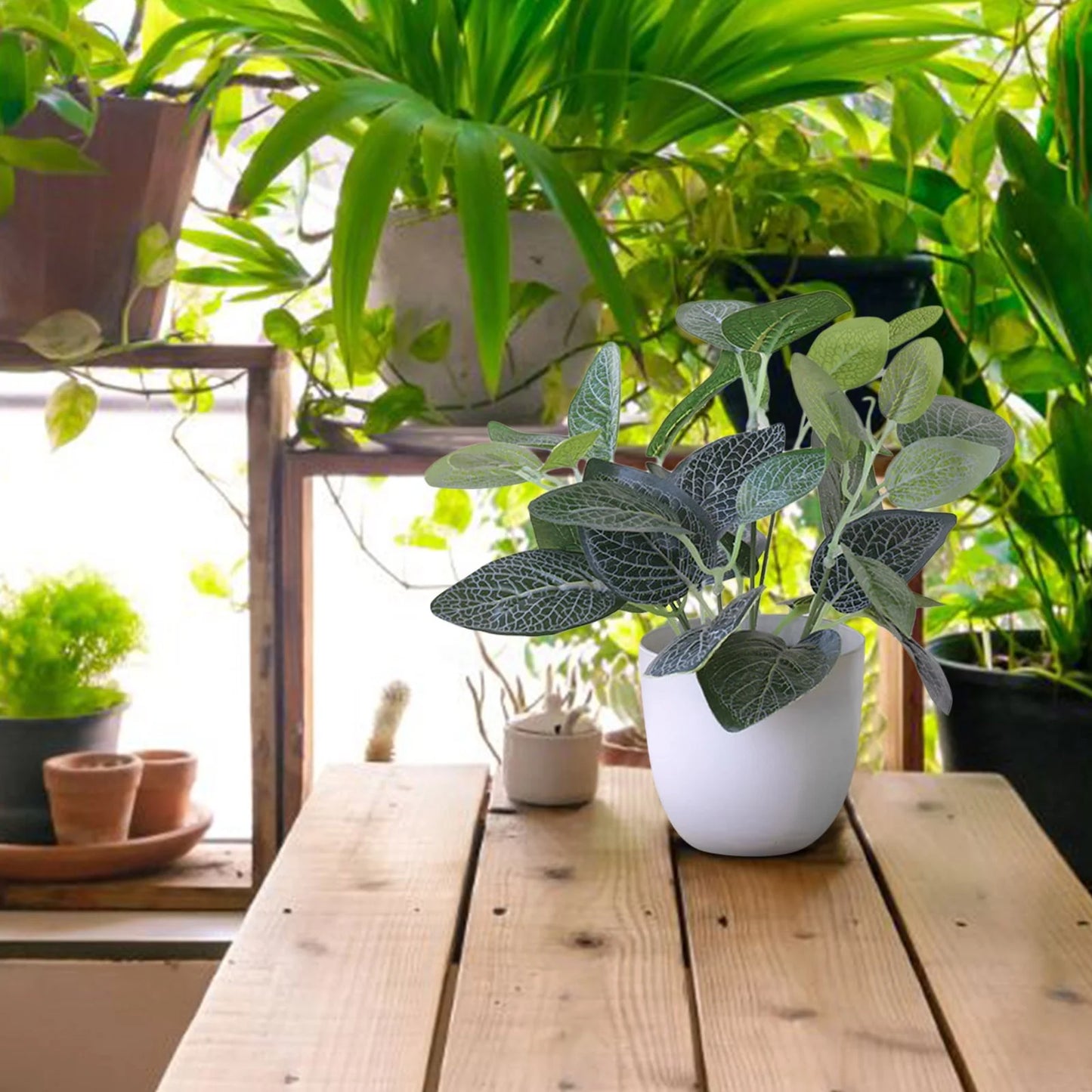 Artificial Potted Plants Fake Plants in Marble Pots, Plastic Eucalyptus Greenery Faux Plants with White round Pot for Home Office Desk Room Centerpiece Shelf Decor