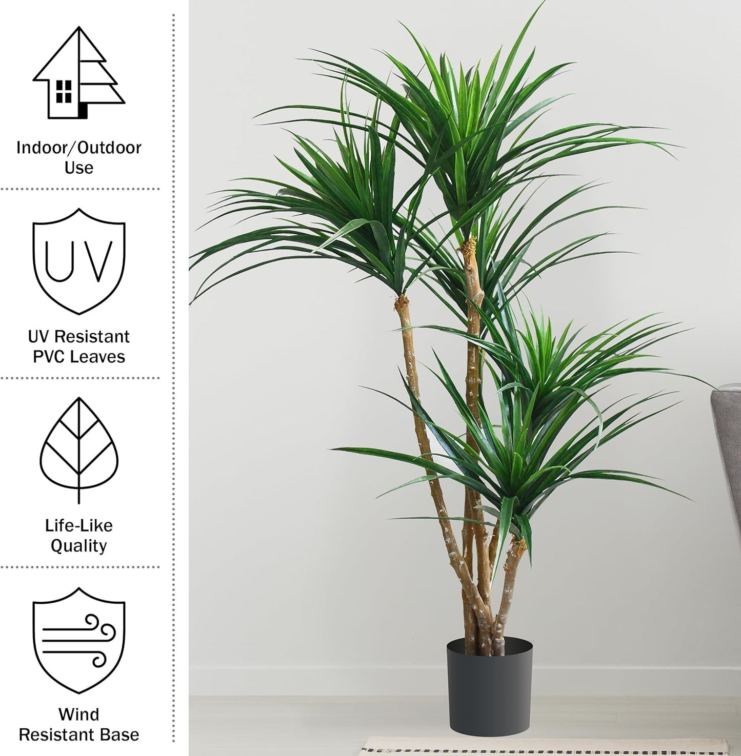 Artificial Tree - 51-Inch Tropical Yucca Plant with Rubber Leaves and Natural Trunk for Living Room, Bedroom and Office - Faux Plants
