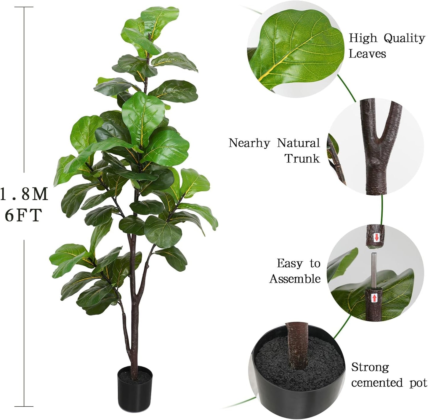 Artificial Fiddle Leaf Fig Tree 6Ft, Large Faux Plant Fake Ficus Lyrata Silk Trees with Pot for Indoor Outdoor House Living Room Office Home Decor