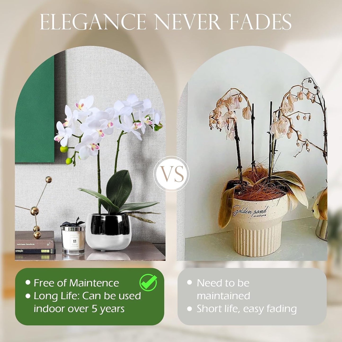 Artificial Orchids in Pot, Real Touch, Artfully Crafted Phaleanopsis Bonsai, Faux Orchid, Fake Orchid Flowers White with a Silver Ceramic Vase, Perfect for Home, Office,Hotel Decor