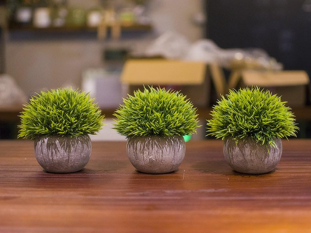 Mini Artificial Plants Plastic Fake Green Grass Topiary Shrubs with Gray Pot for Home Décor – Set of 3