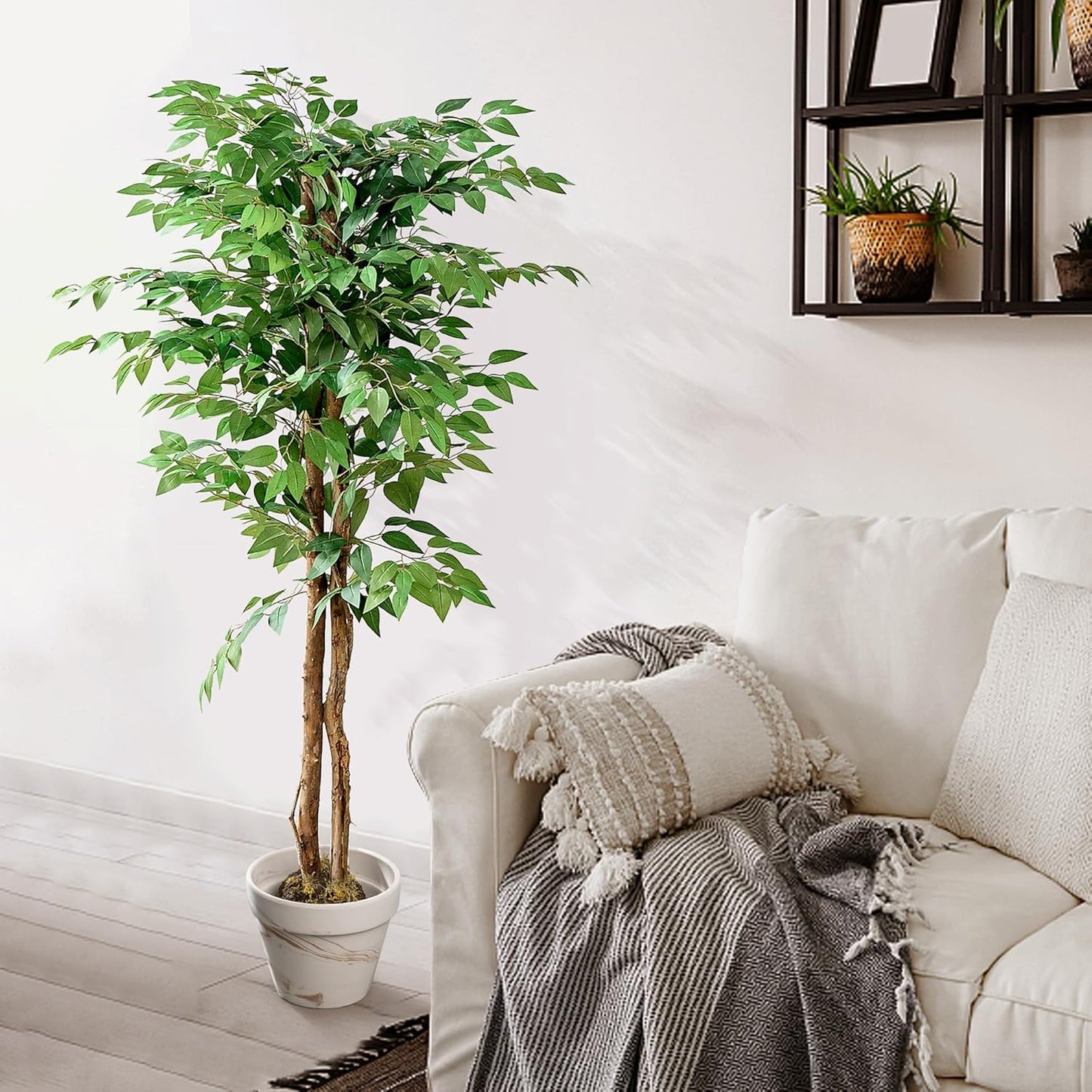 Ficus Tree Artificial 6 Feet, Tall Faux Tree in Pot, Fake Floor Plant with Realistic Tree Branch & Silk Leaves for Home Office Indoor Decor