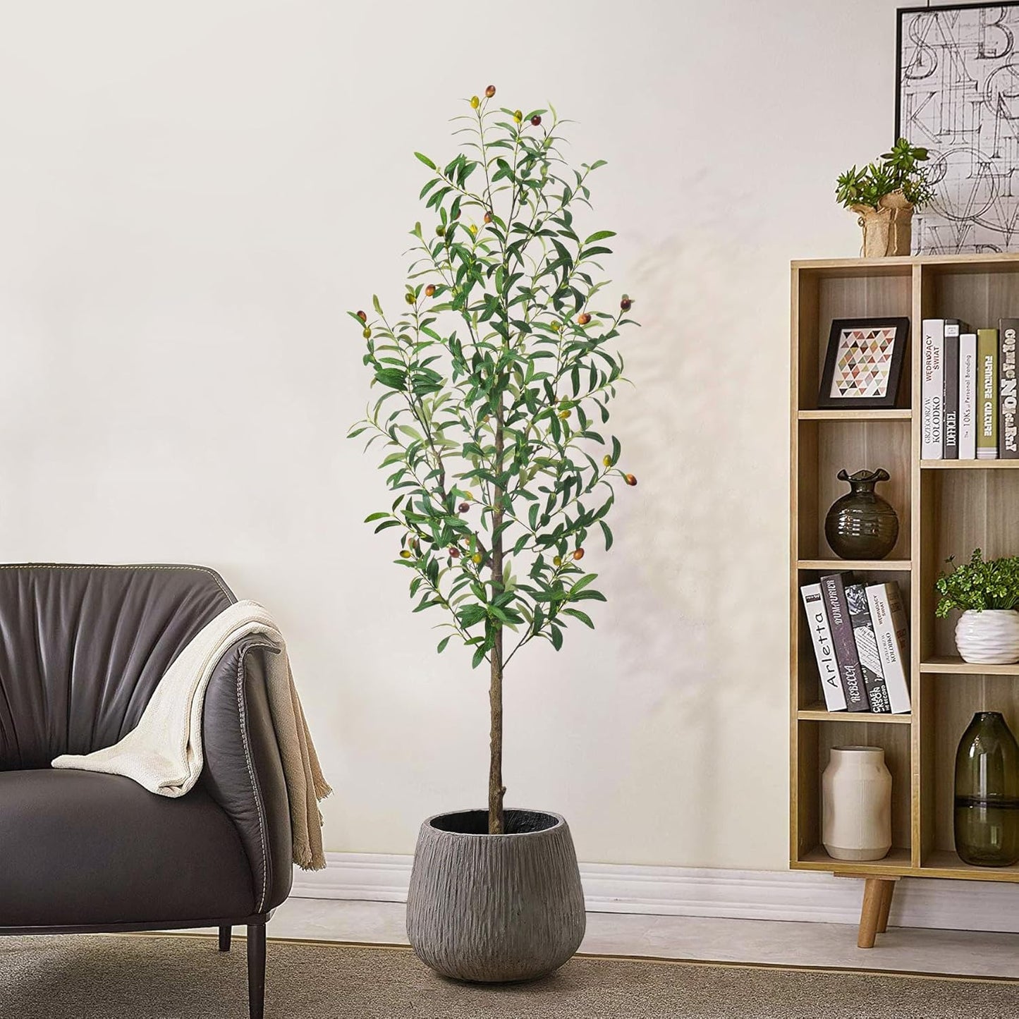 Artificial Olive Tree 5Ft,Tall Faux Olive Tree for Indoor,Fake Potted Olive Plants with Silk Leaves and Lifelike Fruits for Home Office Living Room Decor(1 Pack)