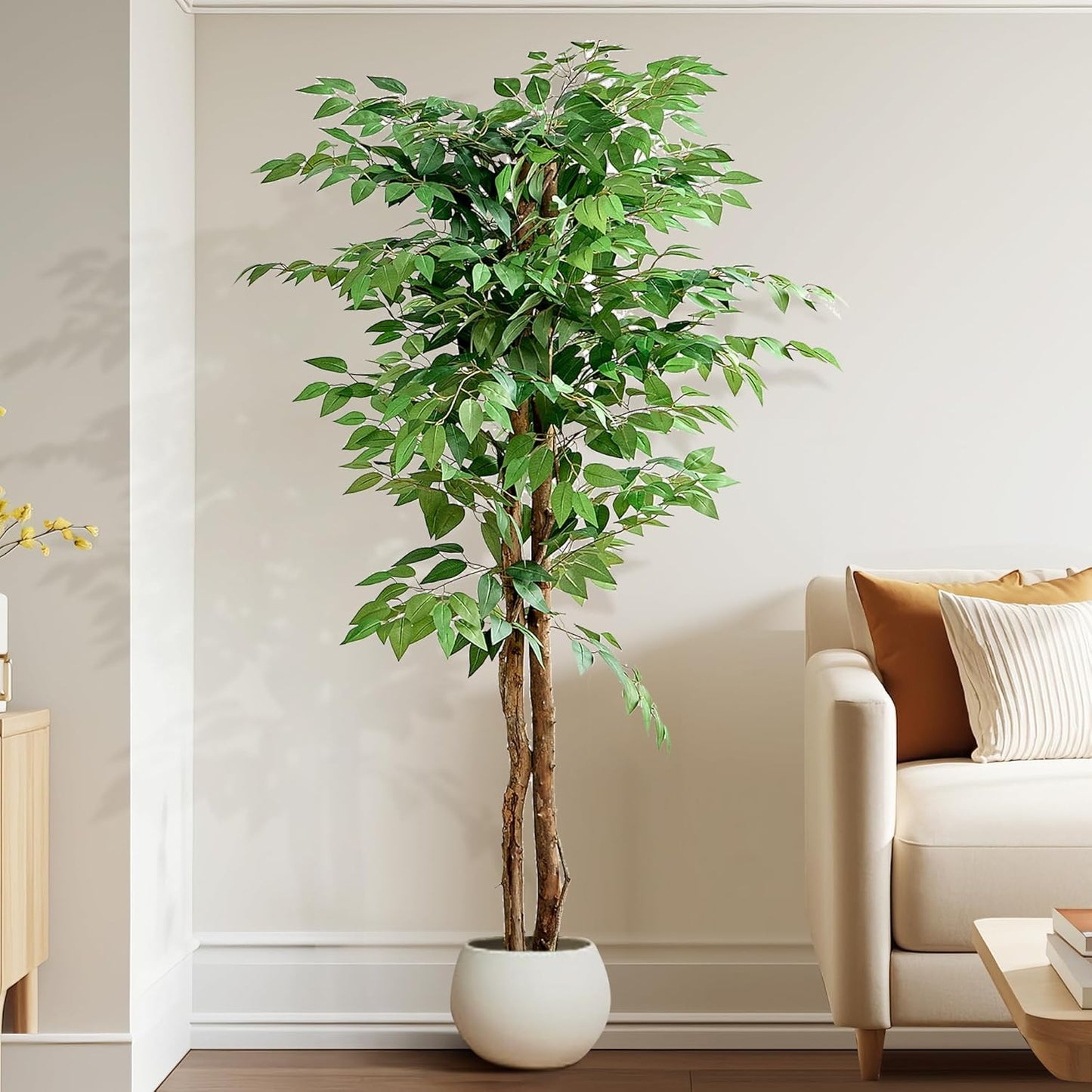 Ficus Tree Artificial 6 Feet, Tall Faux Tree in Pot, Fake Floor Plant with Realistic Tree Branch & Silk Leaves for Home Office Indoor Decor