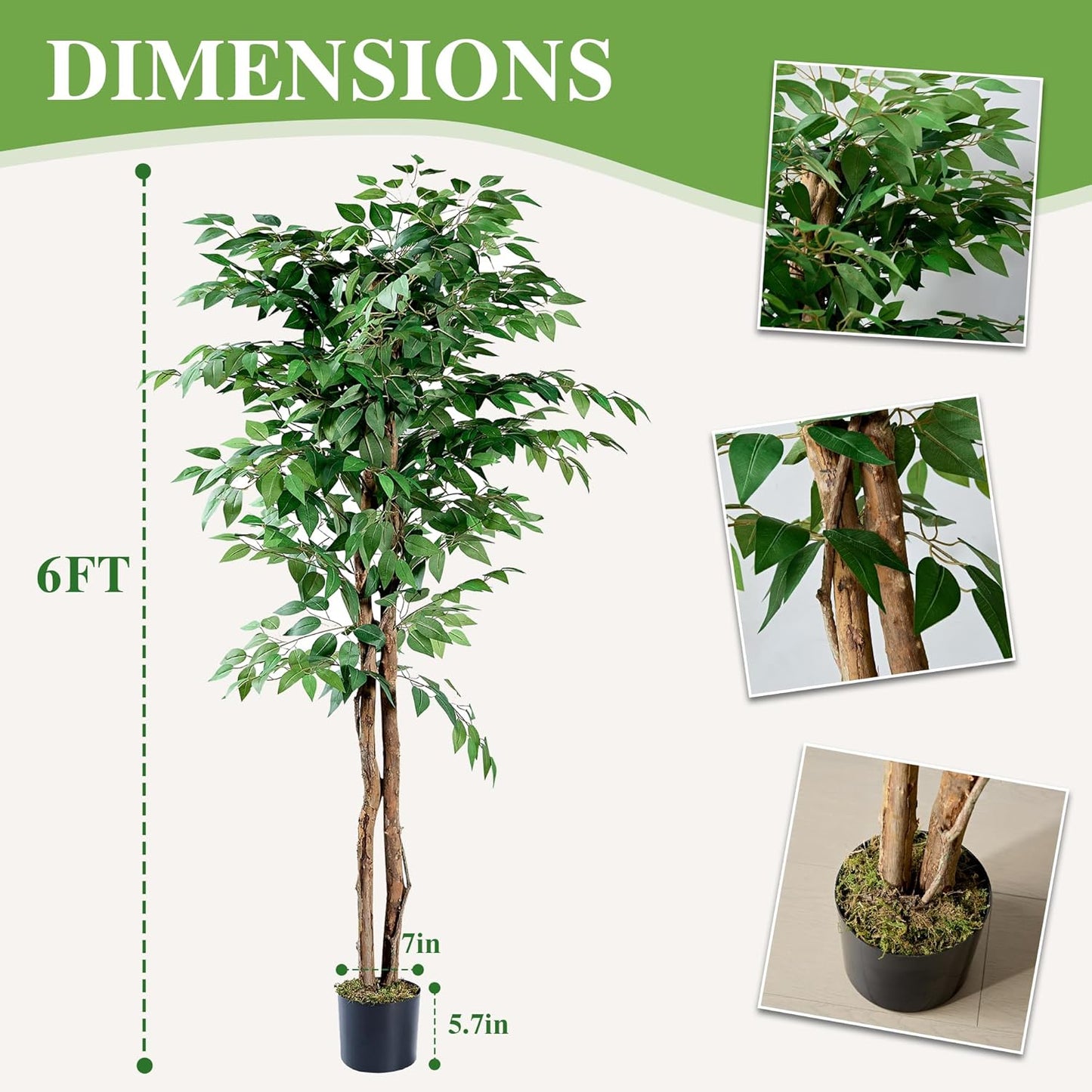 Ficus Tree Artificial 6 Feet, Tall Faux Tree in Pot, Fake Floor Plant with Realistic Tree Branch & Silk Leaves for Home Office Indoor Decor