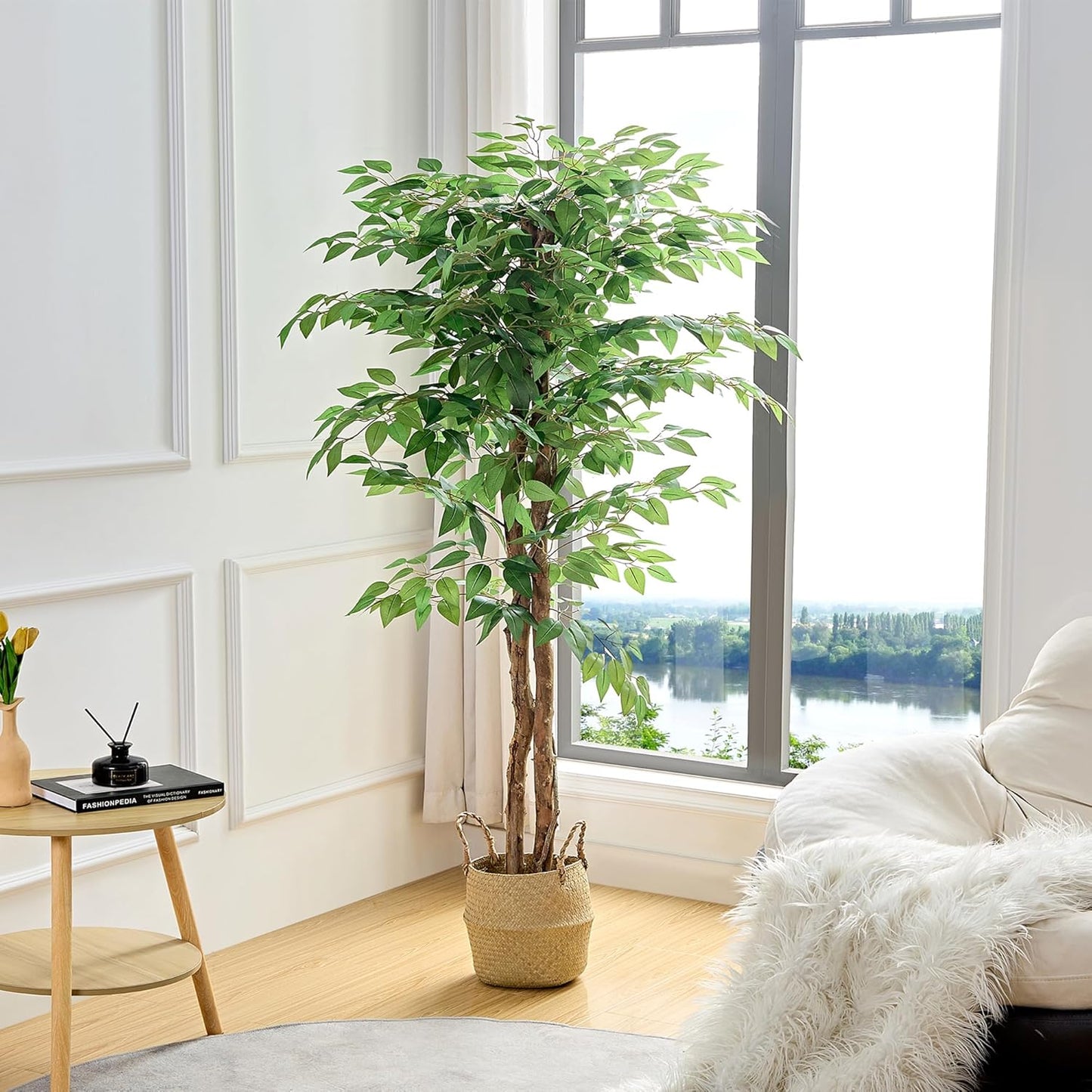 Ficus Tree Artificial 6 Feet, Tall Faux Tree in Pot, Fake Floor Plant with Realistic Tree Branch & Silk Leaves for Home Office Indoor Decor