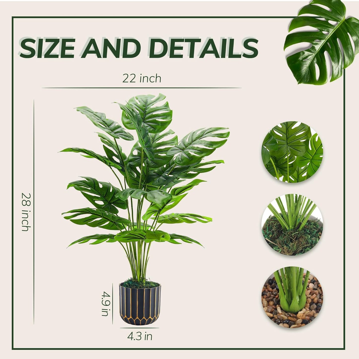 Fake Plants Tall 28'' Artificial Monstera Faux Plants Indoor for Living Room Home House Decor