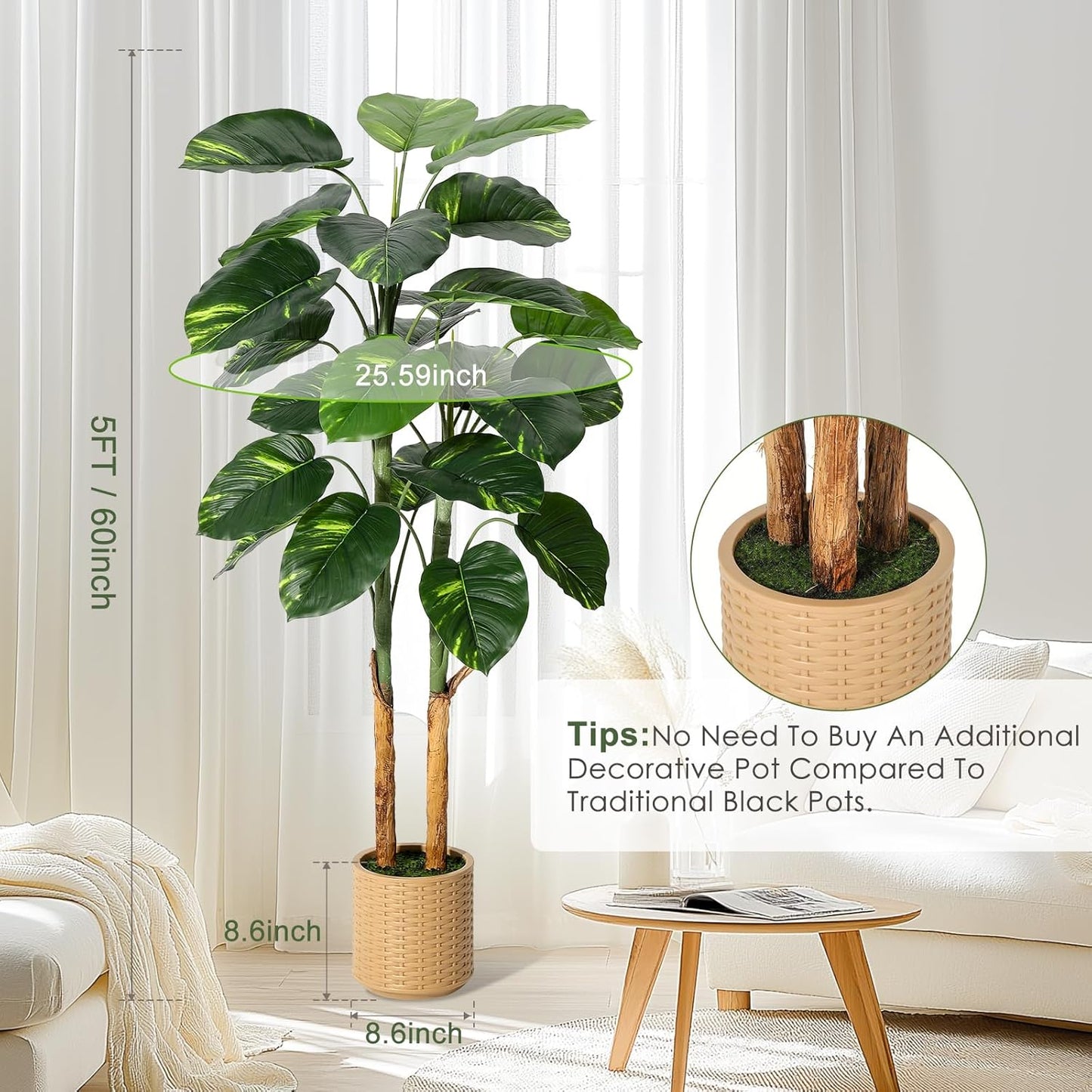Artificial Scindapsus Aureus Plant Indoor 5FT, Fake Tree with Decorative Planter, Faux Golden Pothos Floor Plants in Pot, Artificial Trees for Home Office Decor