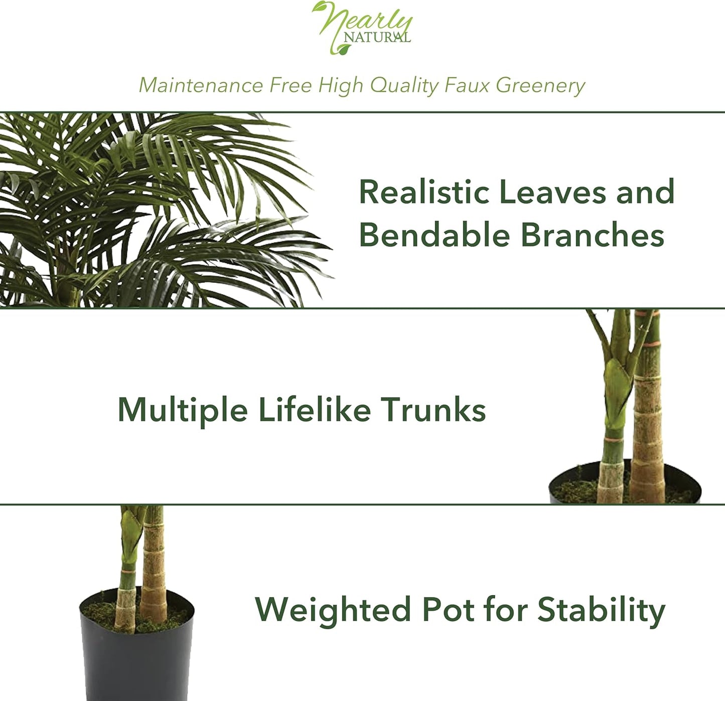 6.5FT Artificial Golden Cane Palm Tree, Fake Palm Tree with Three Realistic Trunks and 333 Lifelike Palm Leaves, Faux Palm Plant for Indoor Home Décor with Black Nursery Planter