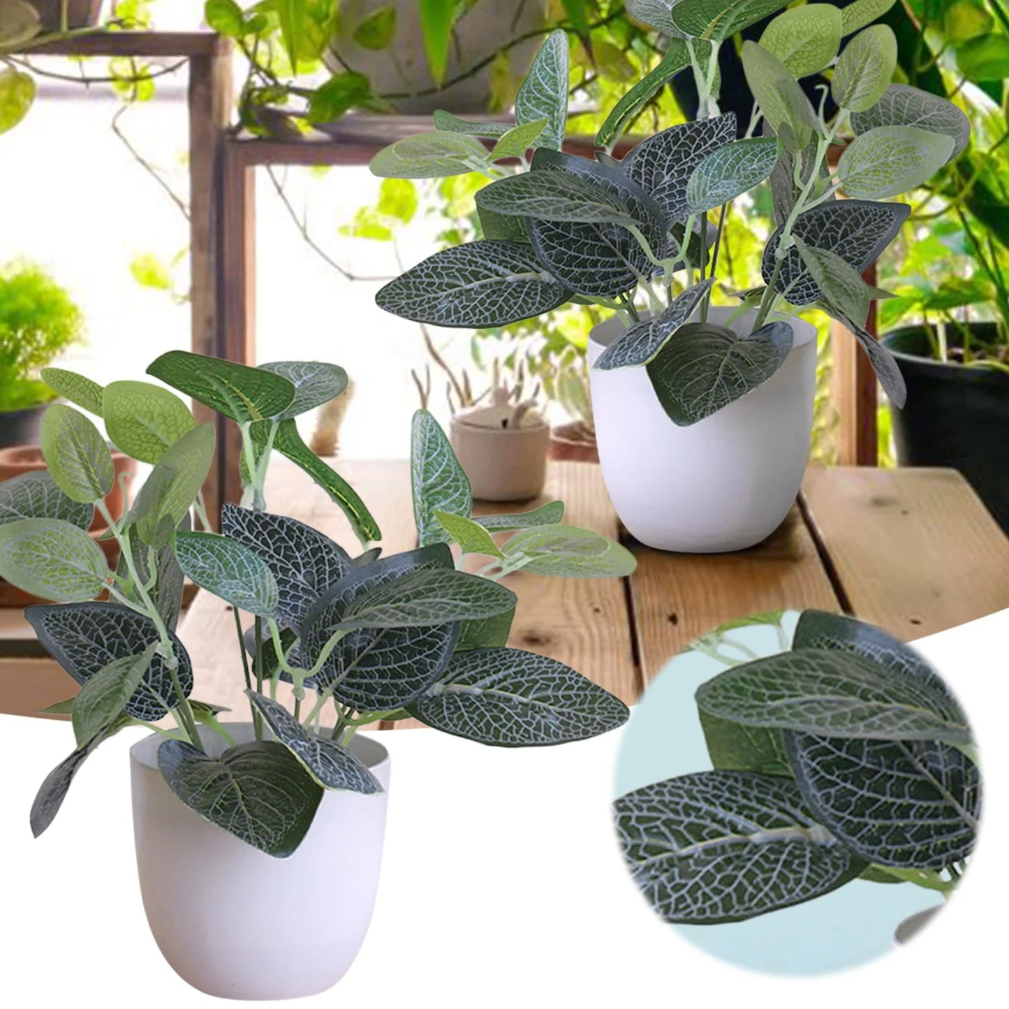 Artificial Potted Plants Fake Plants in Marble Pots, Plastic Eucalyptus Greenery Faux Plants with White round Pot for Home Office Desk Room Centerpiece Shelf Decor