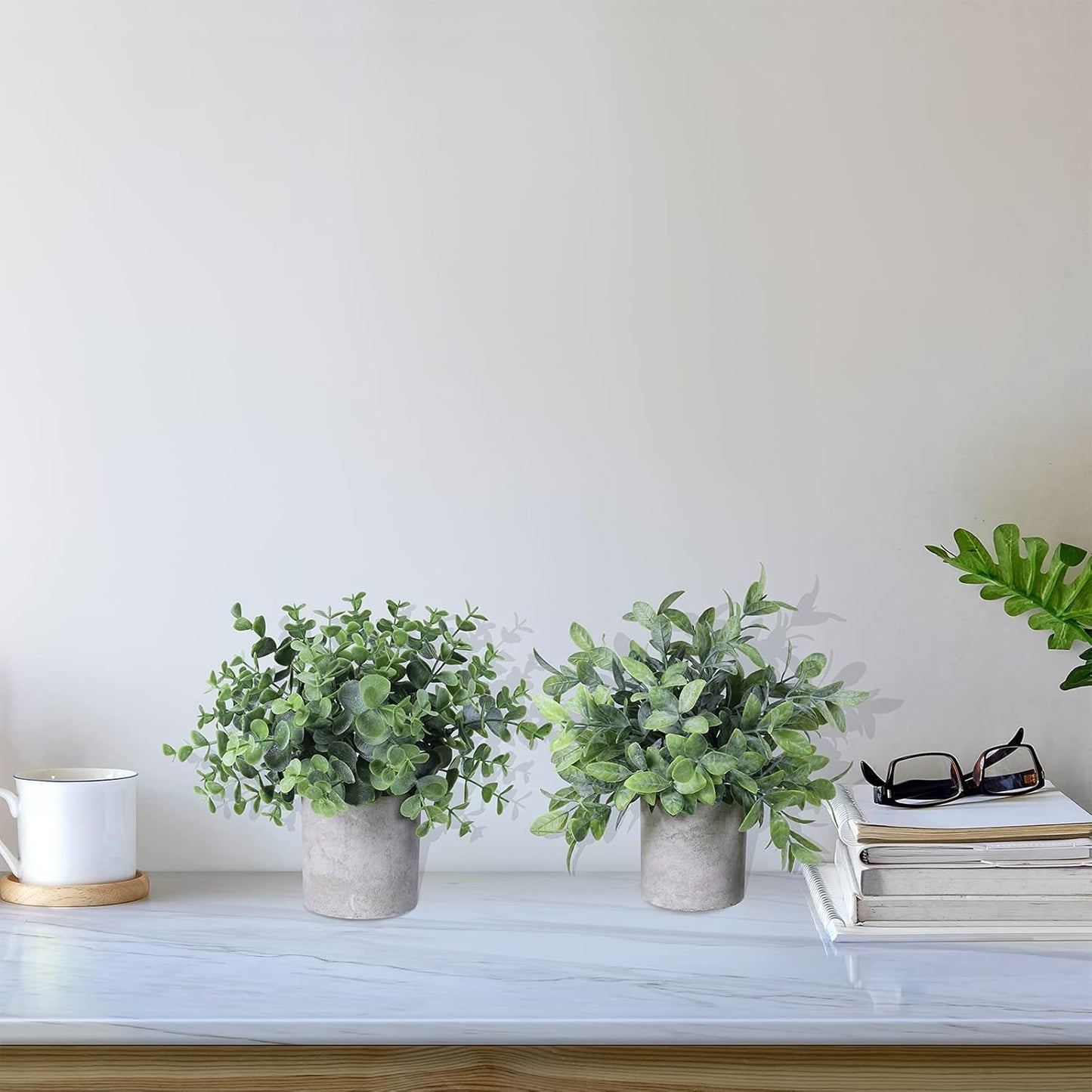 Set of 2 Faux Mini Potted Plants Artificial Eucalyptus Boxwood Plants in Pots Fake Greenery Arrangement for Rustic Farmhouse Indoor Table Centerpiece Mantel Shelf Kitchen Office Desk Decor