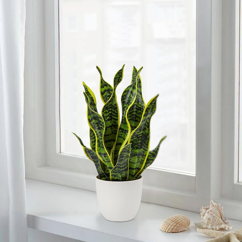 Artificial Snake Plant Potted Faux Sansevieria Trifasciata Plants, 16.5" Tropical Fake Plants in White Pots for Home Office Room Indoor Decor Housewarming Gifts