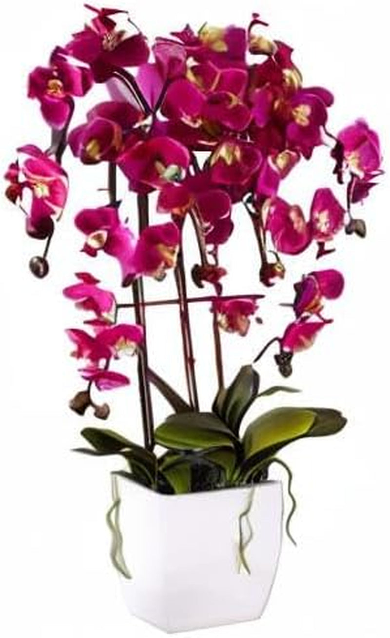 Potted Silk Faux Artificial Flowers Arrangements Realistic Purple Fuchsia Orchid in White Ceramic Pot for Home Decoration Living Room Office Bedroom Bathroom Kitchen 29" High