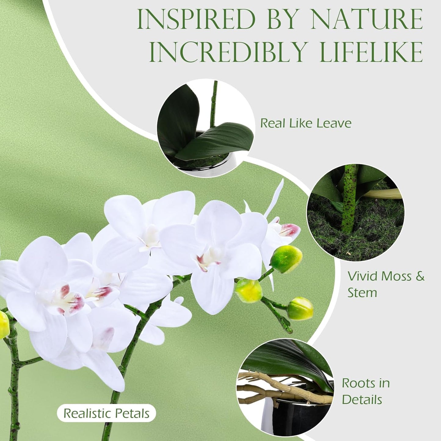 Artificial Orchids in Pot, Real Touch, Artfully Crafted Phaleanopsis Bonsai, Faux Orchid, Fake Orchid Flowers White with a Silver Ceramic Vase, Perfect for Home, Office,Hotel Decor