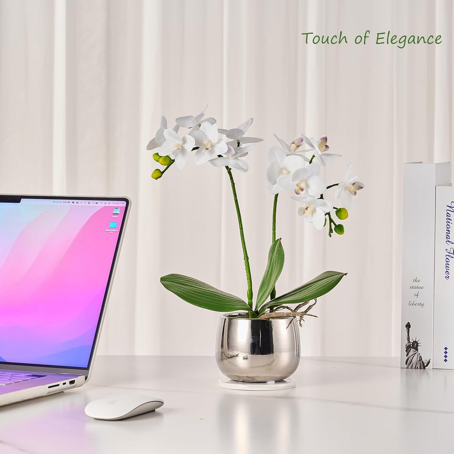 Artificial Orchids in Pot, Real Touch, Artfully Crafted Phaleanopsis Bonsai, Faux Orchid, Fake Orchid Flowers White with a Silver Ceramic Vase, Perfect for Home, Office,Hotel Decor