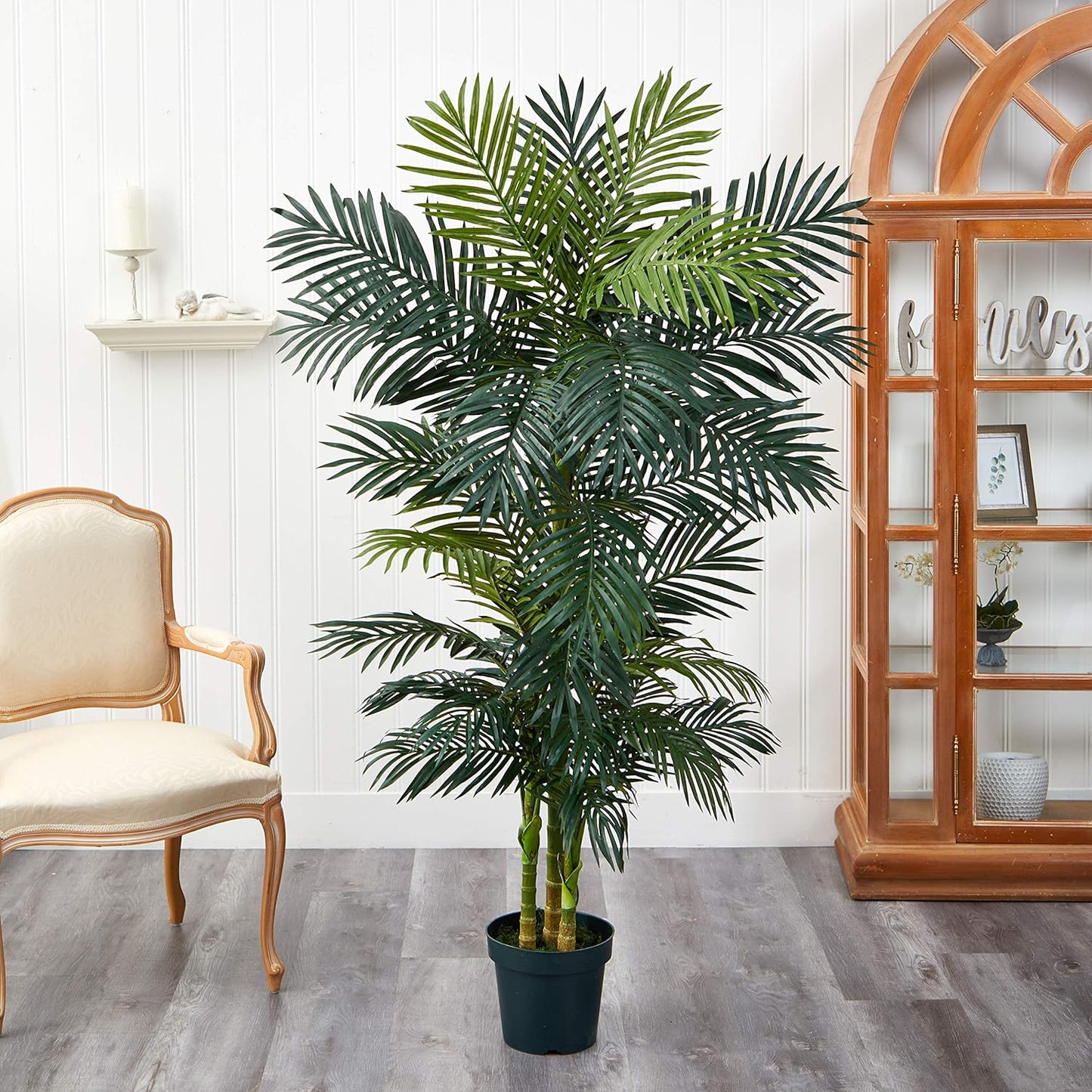 6.5FT Artificial Golden Cane Palm Tree, Fake Palm Tree with Three Realistic Trunks and 333 Lifelike Palm Leaves, Faux Palm Plant for Indoor Home Décor with Black Nursery Planter