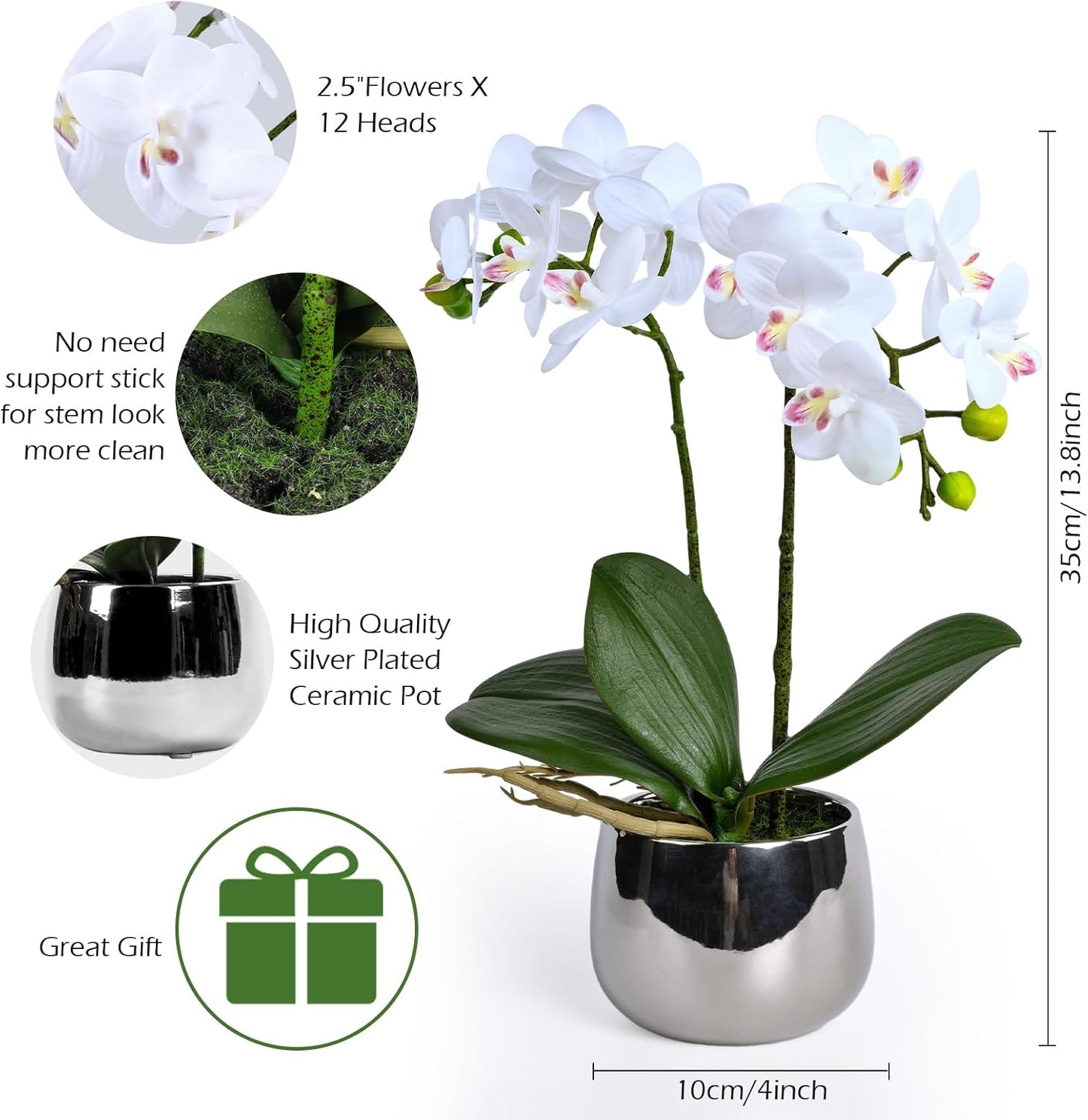 Artificial Orchids in Pot, Real Touch, Artfully Crafted Phaleanopsis Bonsai, Faux Orchid, Fake Orchid Flowers White with a Silver Ceramic Vase, Perfect for Home, Office,Hotel Decor