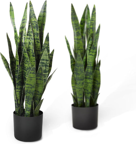 25.6’’ 2-Pack Artificial Snake Plant, Faux Sansevieria Indoor Plants, 32 Lifelike Leaves, Home Office Garden Room Decor Mother in Law Tongue, 2Ft Fake Potted Houseplant, Green