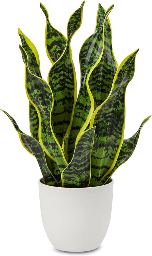 Artificial Snake Plant Potted Faux Sansevieria Trifasciata Plants, 16.5" Tropical Fake Plants in White Pots for Home Office Room Indoor Decor Housewarming Gifts