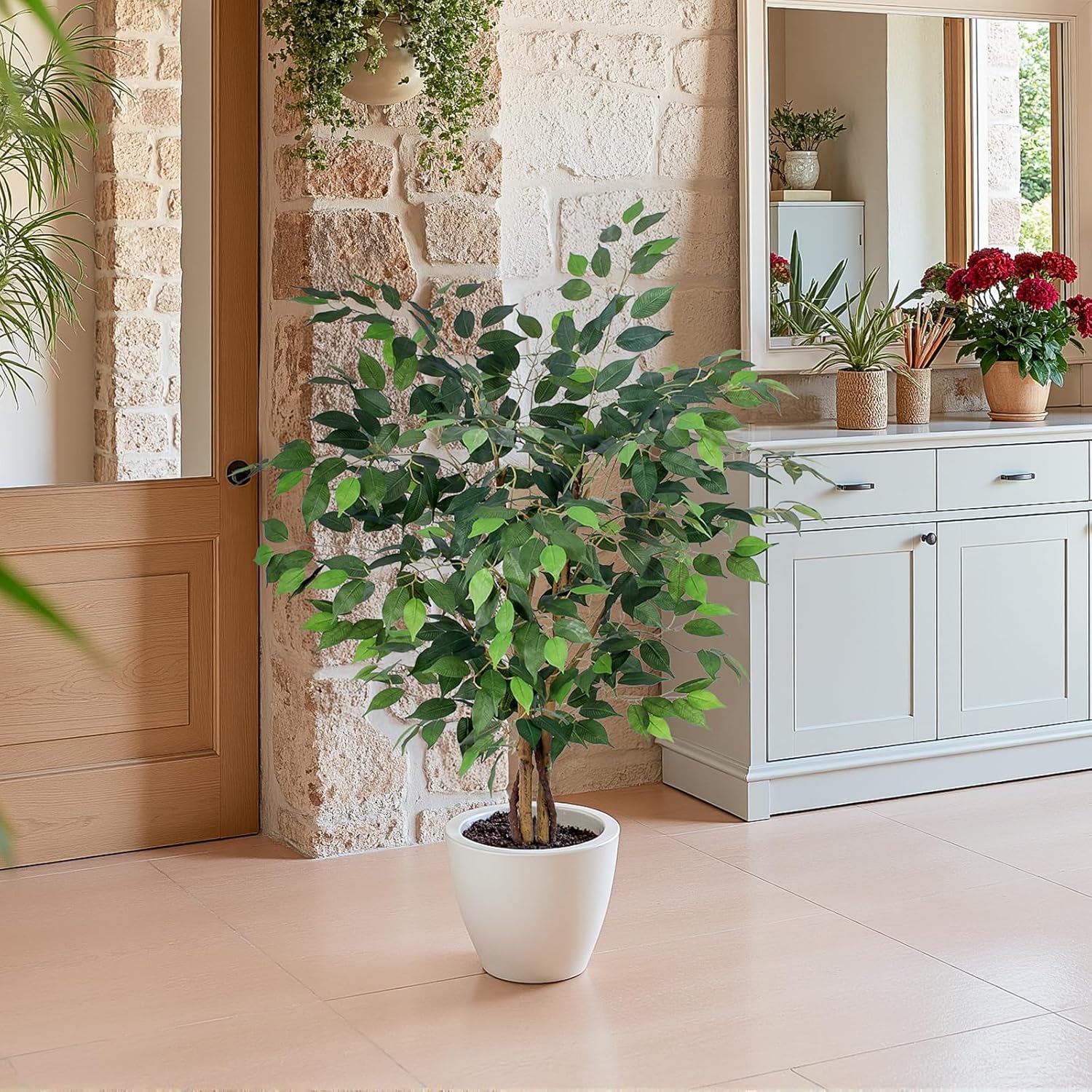 Artificial Ficus Tree 4Ft, Realistic Fake Plants with Silk Leaves & Texture Trunk, Artificial Plant for Home Office Decor Indoor Outdoor Housewarming Gift