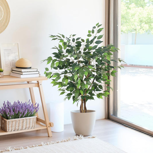 Artificial Ficus Tree 4Ft, Realistic Fake Plants with Silk Leaves & Texture Trunk, Artificial Plant for Home Office Decor Indoor Outdoor Housewarming Gift
