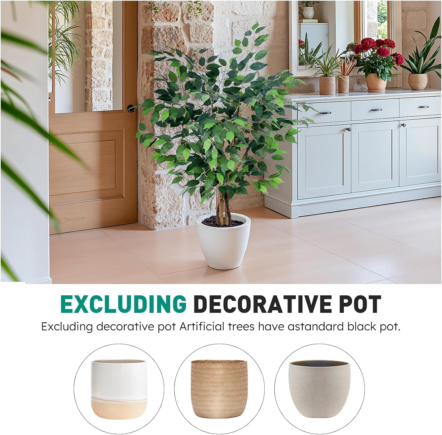 Artificial Ficus Tree 4Ft, Realistic Fake Plants with Silk Leaves & Texture Trunk, Artificial Plant for Home Office Decor Indoor Outdoor Housewarming Gift