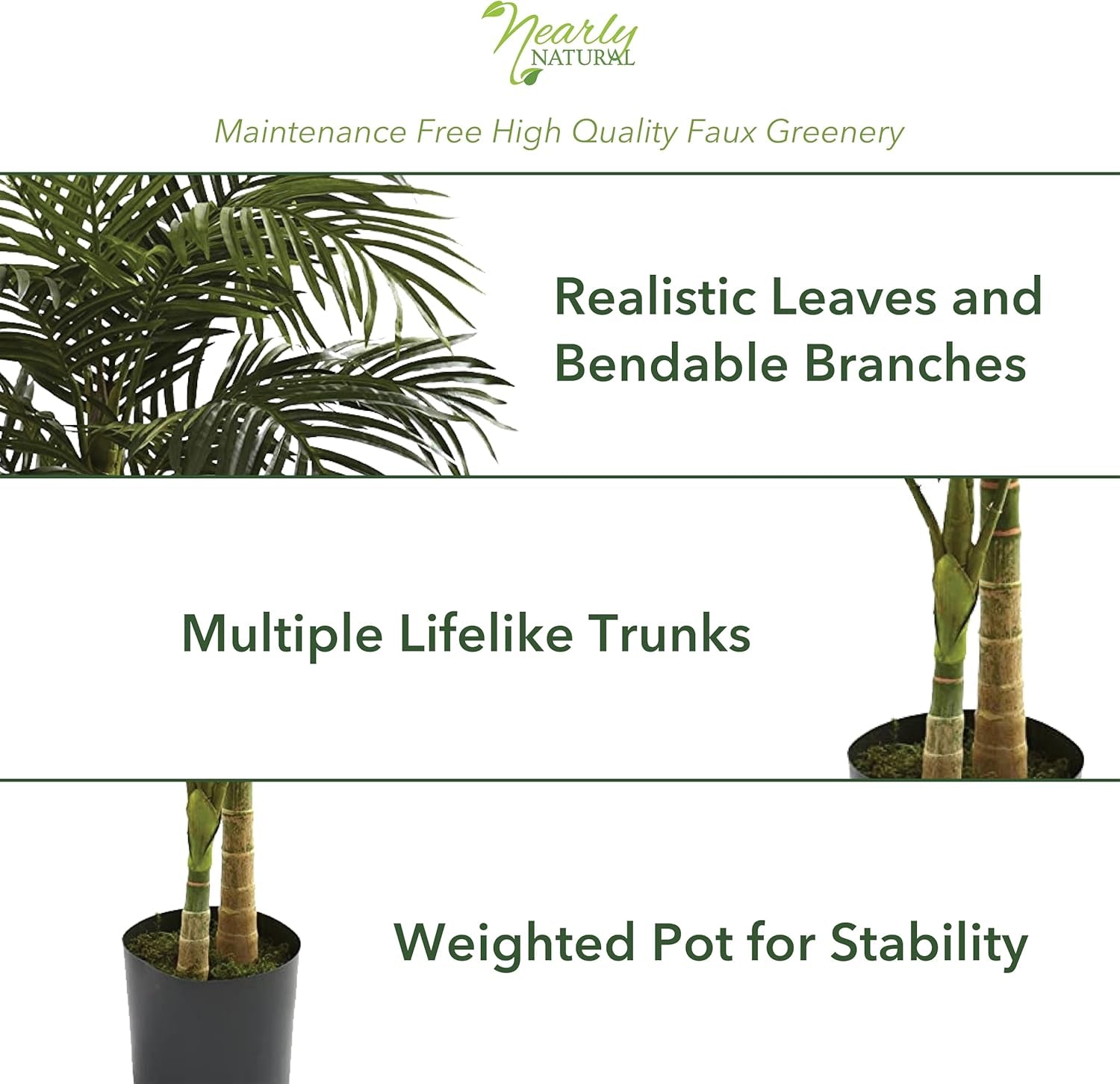 6.5FT Artificial Golden Cane Palm Tree, Fake Palm Tree with Three Realistic Trunks and 333 Lifelike Palm Leaves, Faux Palm Plant for Indoor Home Décor with Black Nursery Planter