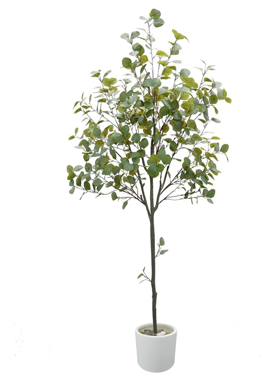 Artificial Eucalyptus Tree, 6Ft Fake Silver Dollar Leaves Plant with White Pot, Silk Faux Tree for Indoor House Office Home Living Room Floor Décor