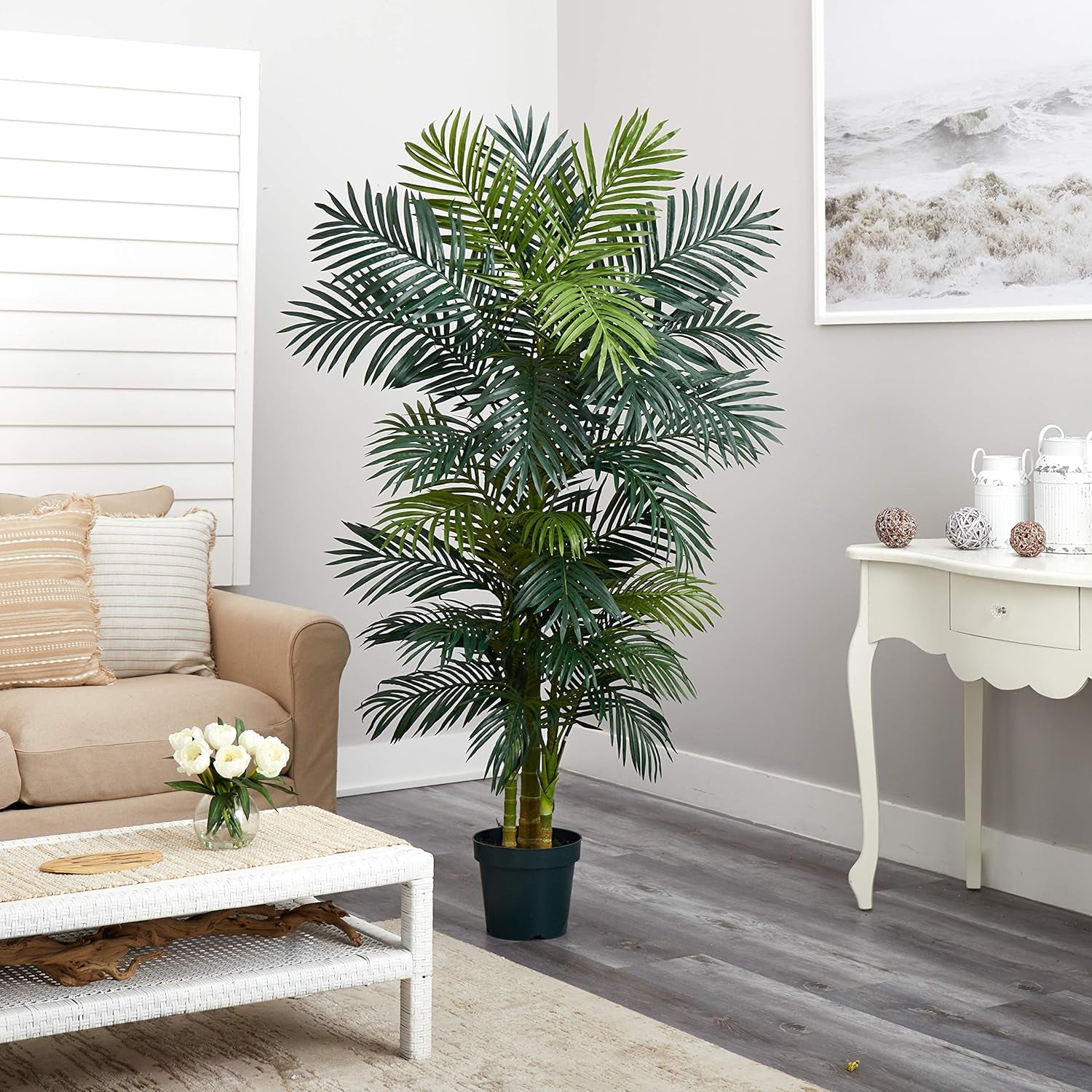 6.5FT Artificial Golden Cane Palm Tree, Fake Palm Tree with Three Realistic Trunks and 333 Lifelike Palm Leaves, Faux Palm Plant for Indoor Home Décor with Black Nursery Planter