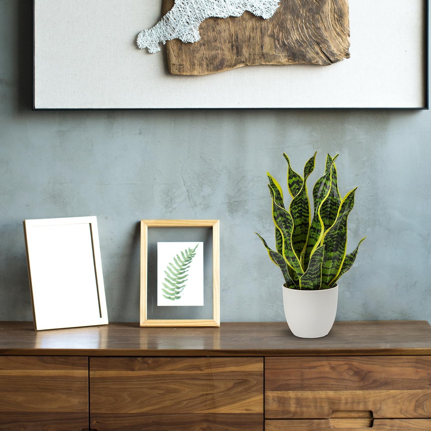 Artificial Snake Plant Potted Faux Sansevieria Trifasciata Plants, 16.5" Tropical Fake Plants in White Pots for Home Office Room Indoor Decor Housewarming Gifts