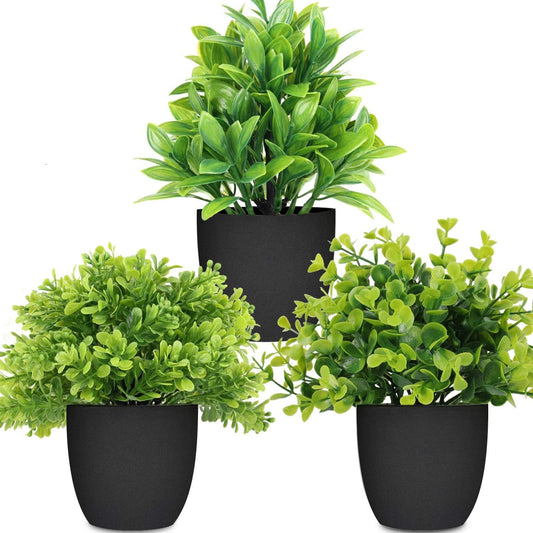 Artificial Potted Plants Mini Fake Plants, 3 Pack Medium Eucalyptus Potted Faux Decorative Grass Plant with Black Plastic Pot for Home Decor, Indoor, Office, Desk, Table Decoration